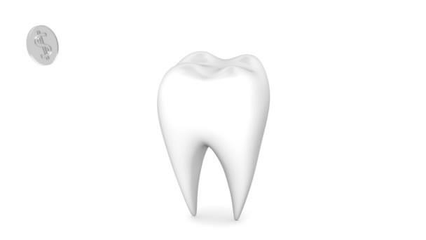 Nákladná Zubní Péče Zub Bílém Pozadí Pohlcující Stříbrné Mince — Stock video