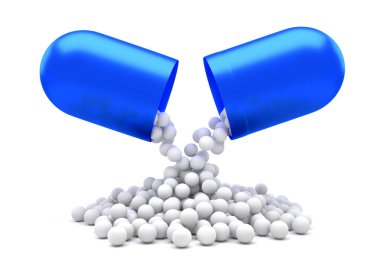 Beyaz toz lu tıbbi hap.