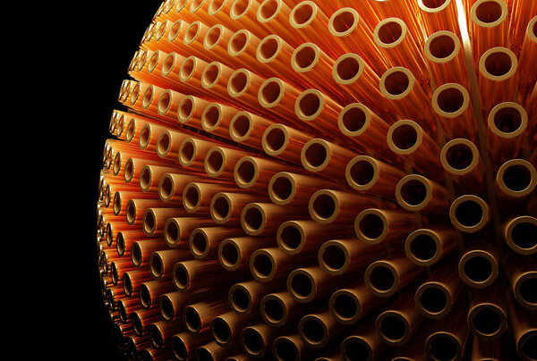Текстура многих медных труб крупным планом на черном фоне
.