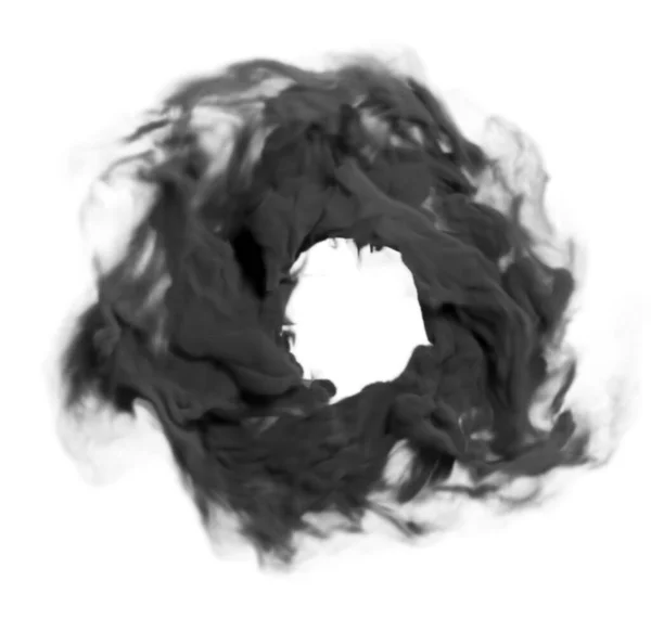 Circle made of black smoke close-up on a white background.