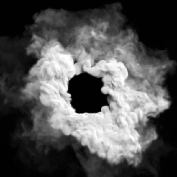 Circle made of white smoke close-up on a black background.