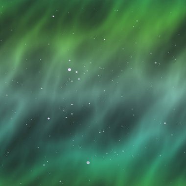 Yıldızlı ve aurora borealis 'li Yeşil Nebula.
