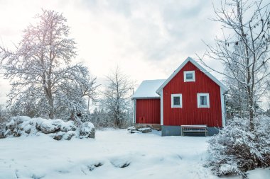 İsveçli köyde pastoral kış manzarası 