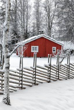 İsveçli köyde pastoral kış manzarası 