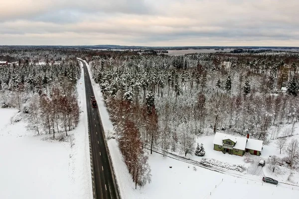 Vista Panorámica Carretera Invierno Pinos Suecia —  Fotos de Stock