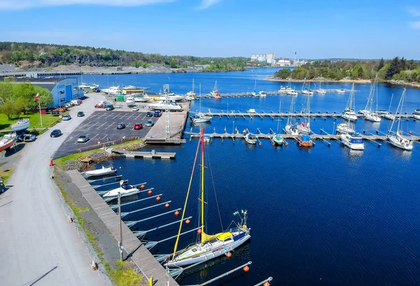 Widok Lotu Ptaka Szwedzkiego Portu Wiosnę — Zdjęcie stockowe