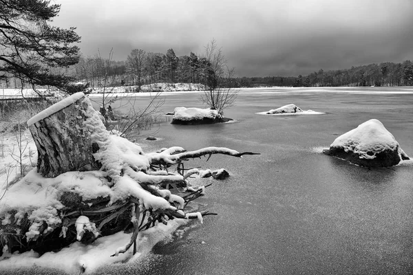 Paisaje Invernal Monocromático Con Lago Congelado —  Fotos de Stock