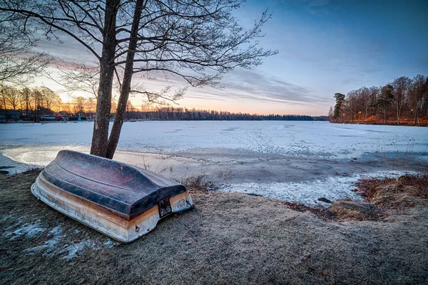 Belle Aurore Hivernale Dessus Lac Suédois — Photo