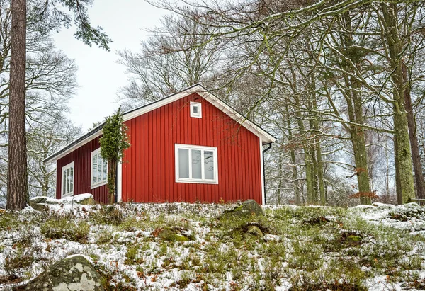 Zweedse Winterlandschap Met Rode Workshop — Stockfoto