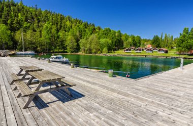 Ahşap lake pier bahar sahne