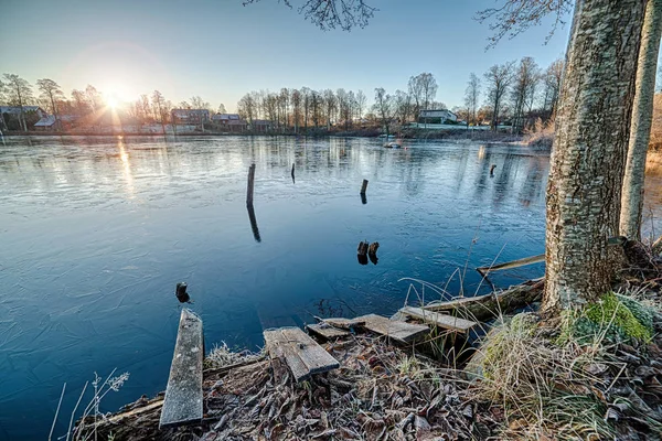 Kall Decembermorgon Sjölandskapet — Stockfoto