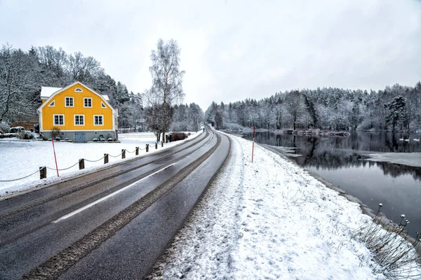 Winter Panorama Landschap Met Hoge Niveau Morrum Rivier — Stockfoto