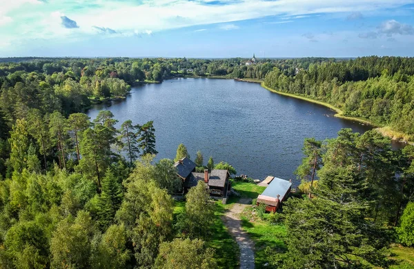 Вид Воздуха Озеро Деревню Швеции Сентябре — стоковое фото
