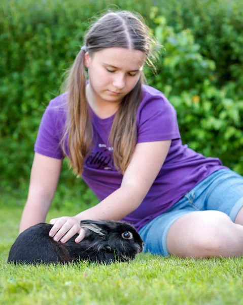 Dvärg Kanin Älskade Skolflicka — Stockfoto