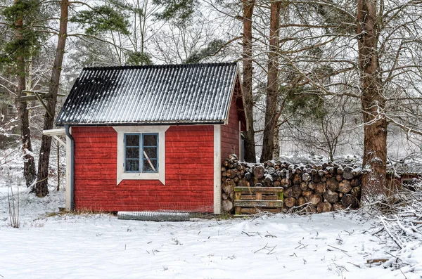 Svenska Vinterlandskap Med Röda Workshop — Stockfoto