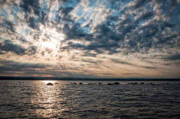 Mar Pôr Sol Paisagem Barco — Fotografia de Stock