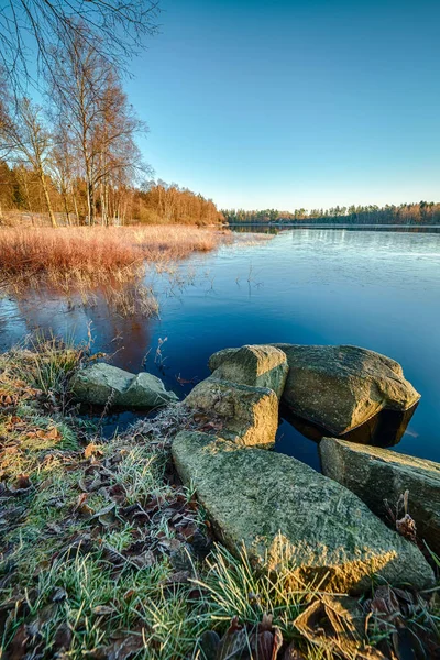 Вертикальні Подання Шведське Озеро Зимовий Ранок — стокове фото