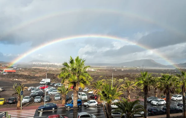 Las Galletas Tenerife February 2018 Beautiful Double Rainbow Parking Cactus — Stock Photo, Image