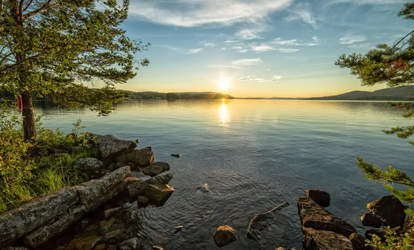 Pôr Sol Verão Norrland Meio Suécia — Fotografia de Stock