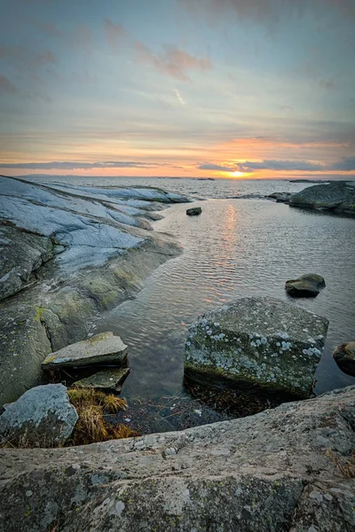 Pôr Sol Inverno Sobre Costa Sul Suécia — Fotografia de Stock