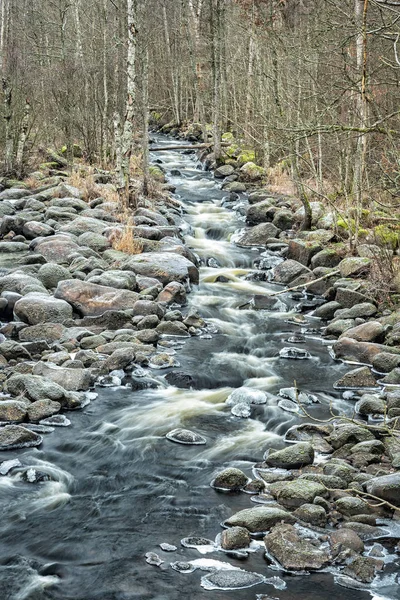 Cascade Hiver Sur Rivière Morrum Suède — Photo