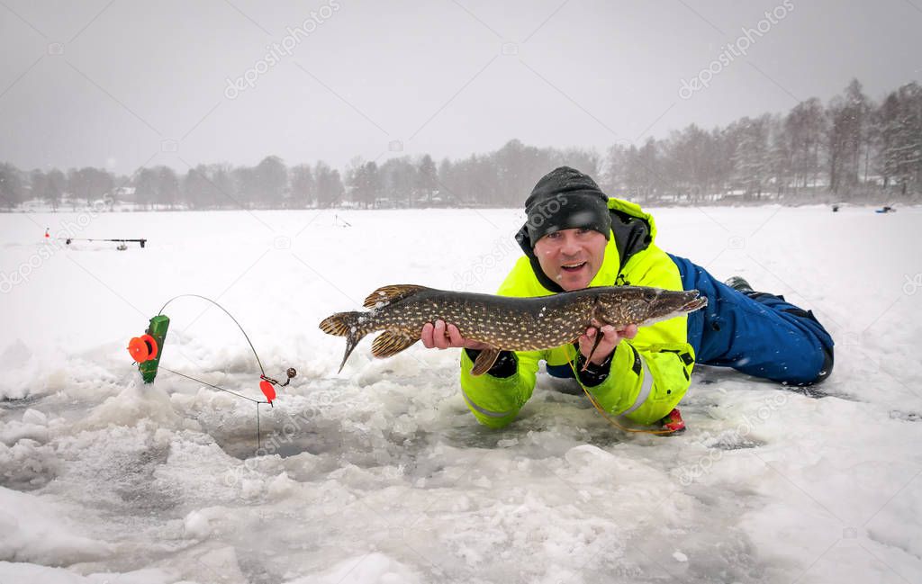 Winter pike fishing on Swedish lake, man holding fish