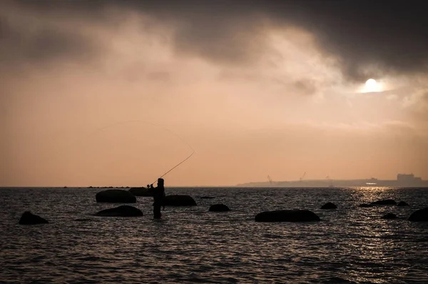 Pesca Nocturna Orilla Del Mar — Foto de Stock