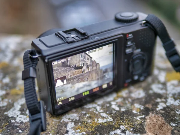 compact camera with a photo on screen