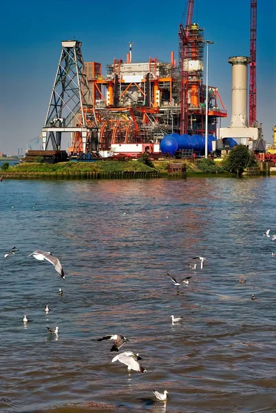 Drilling platform in costructipn in rotterdam shipyard — Stock Photo, Image