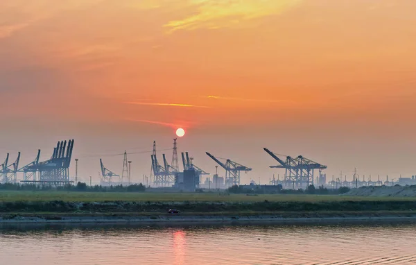 Ανατολή ηλίου στο λιμάνι της Αμβέρσας — Φωτογραφία Αρχείου