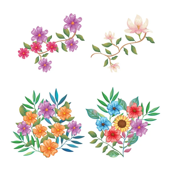 Blumen und Blätter setzen dekorative Ikonen — Stockvektor