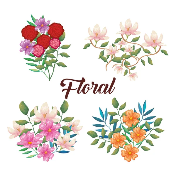 Bloemen en blaadjes instellen decoratieve pictogrammen — Stockvector