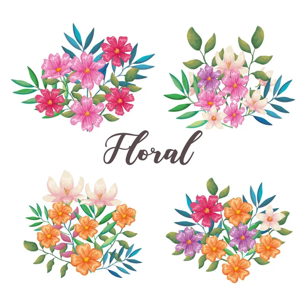 Flores e folhas conjunto ícones decorativos — Vetor de Stock