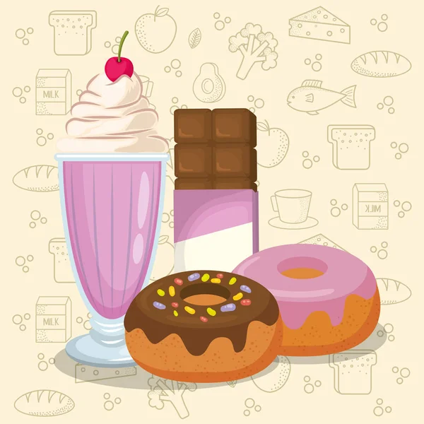 Batido y rosquillas con barra de chocolate — Vector de stock