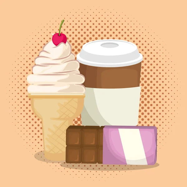 Sorvete e café com barra de chocolate — Vetor de Stock