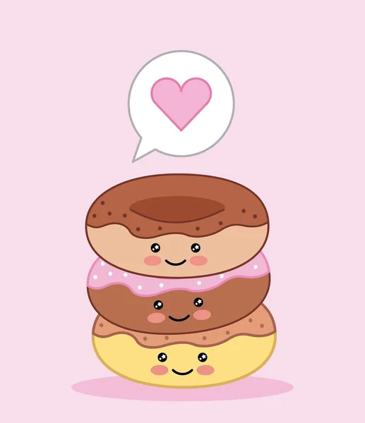 Kawaii Dulce Donuts Amor Dibujos Animados Vector Ilustración — Vector de stock