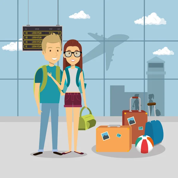 Pareja de viajeros en los personajes del aeropuerto — Vector de stock