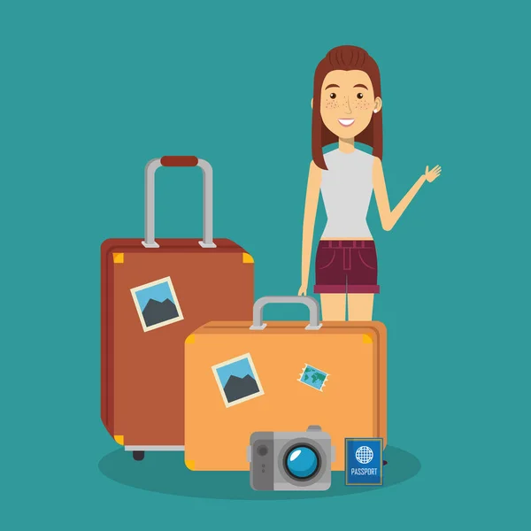 Vrouw reiziger met koffers tekens — Stockvector