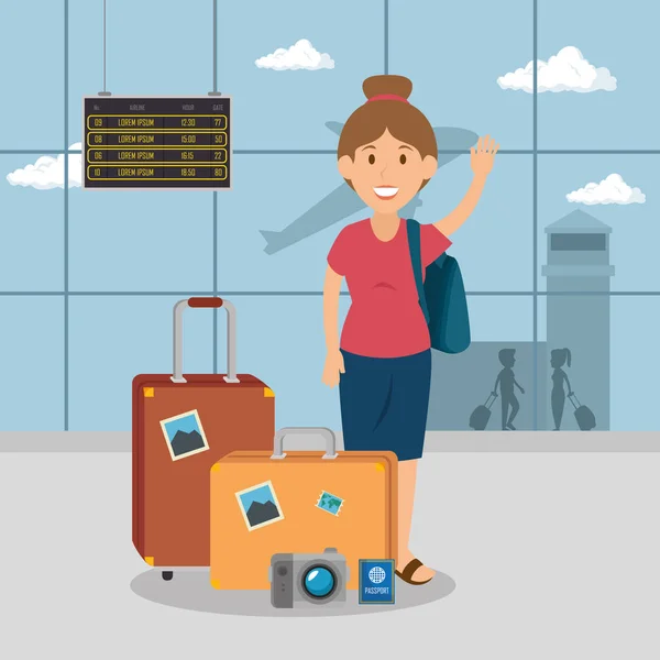 Vrouw reiziger in de luchthaven — Stockvector