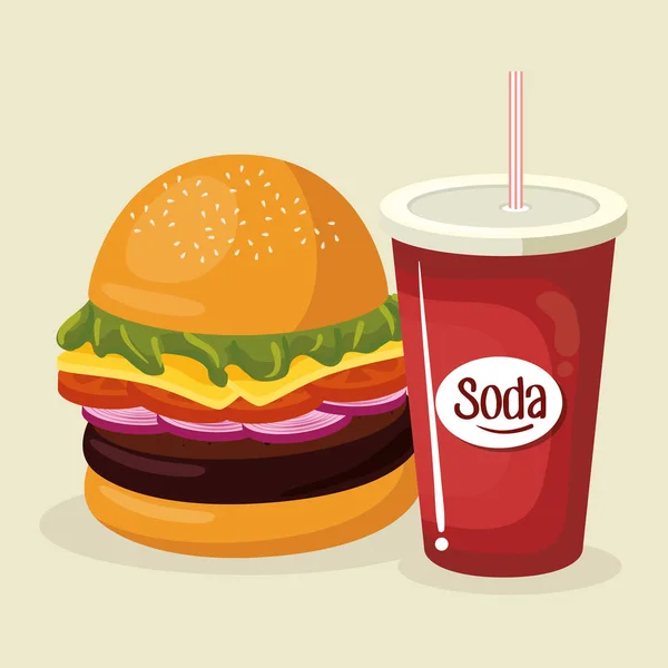 Sodalı Amburger Fast Food Menü Vektör Çizim Tasarımı — Stok Vektör
