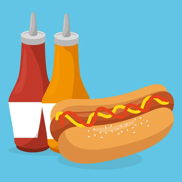 Hotdog met sauzen flessen fastfood menu — Stockvector