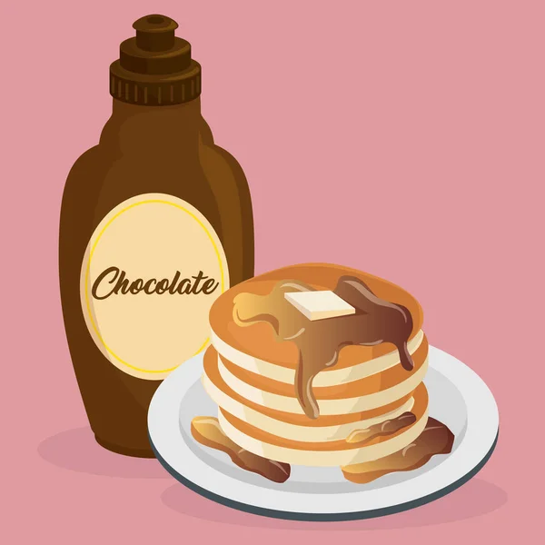 Delicioso pudín con botella de jarabe menú dulce — Vector de stock