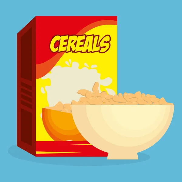 Plato de cereales con caja producto delicioso menú de desayuno de alimentos — Vector de stock