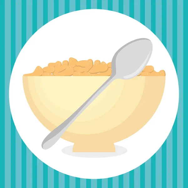 Plato de cereales con cuchara deliciosa comida menú de desayuno — Vector de stock