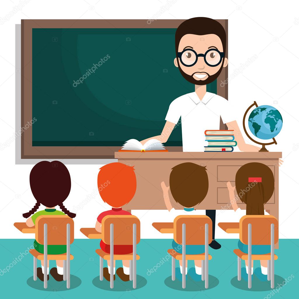 man teacher with students in the classroom