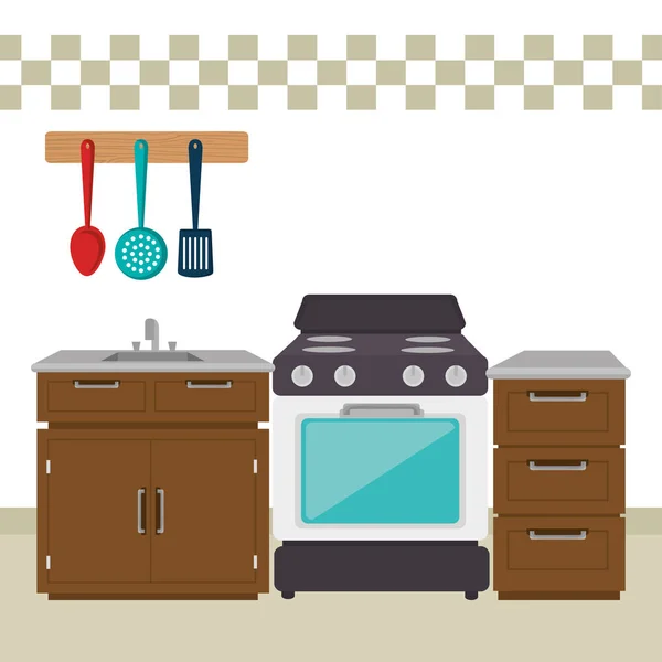 Kitchen room scene icons — Stock Vector