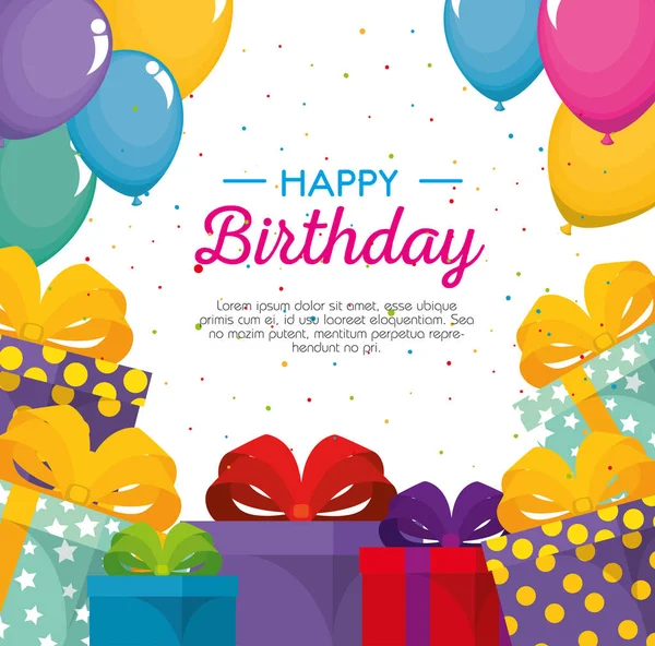 Cartão de celebração de aniversário feliz com presentes presentes — Vetor de Stock
