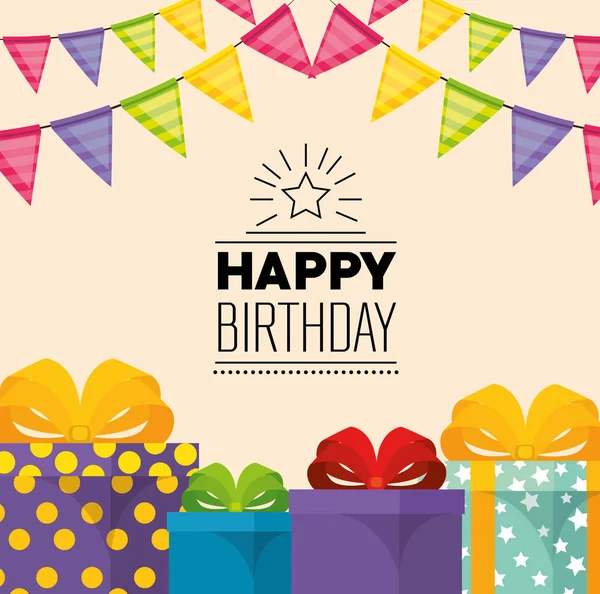 Tarjeta de celebración de cumpleaños feliz con regalos — Vector de stock