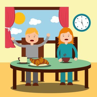 İki çocuk, bir kız ve bir erkek sağlıklı kahvaltı Mısır gevreği, süt, meyve suyu ve meyve.