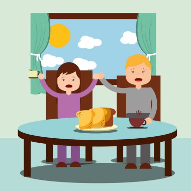 İki çocuk, bir kız ve bir erkek sağlıklı kahvaltı Mısır gevreği, süt, meyve suyu ve meyve.